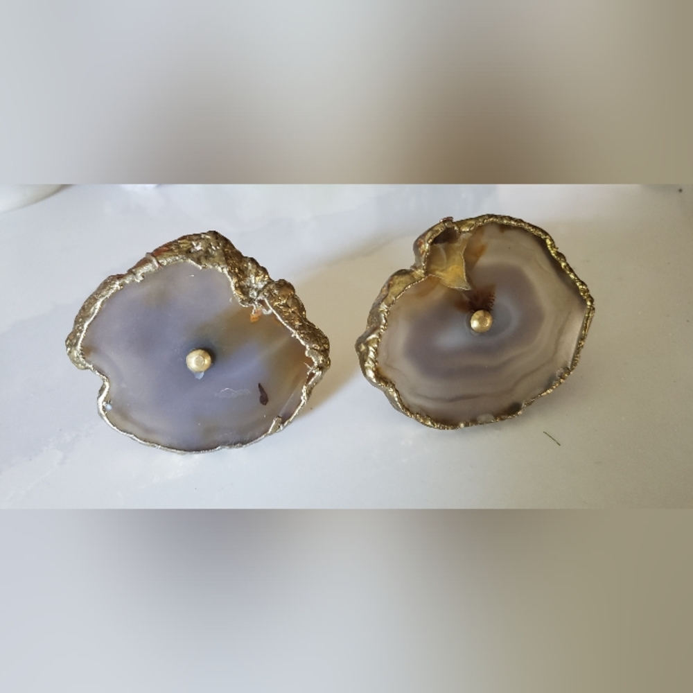 Pair of Polished Agate Stone Knobs with Gold Raw Edge